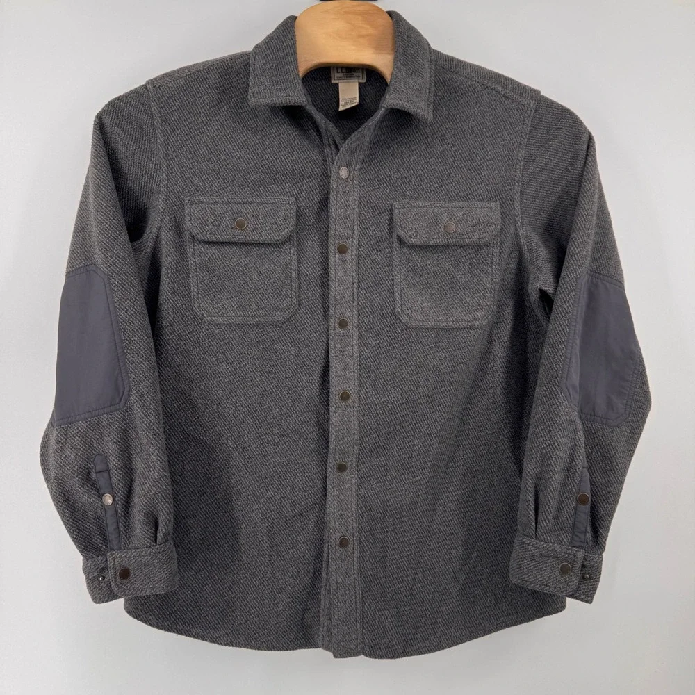 LL Bean Shirt Jacket Mens Medium Gray Fleece Elbow Patches Utility 508090